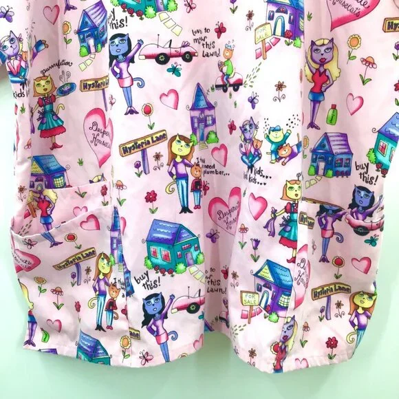 CUTE 2X 3X Pink Scrubs Desperate Housecats Cats Kitty Pattern 3 Pockets S/S - Picture 9 of 11
